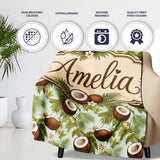 Fresh Coconut and Tropical Leaves with Flowers on Light Green Lovely  Personalised Custom Name Super Soft Fleece Blanket Bed Sofa Throw