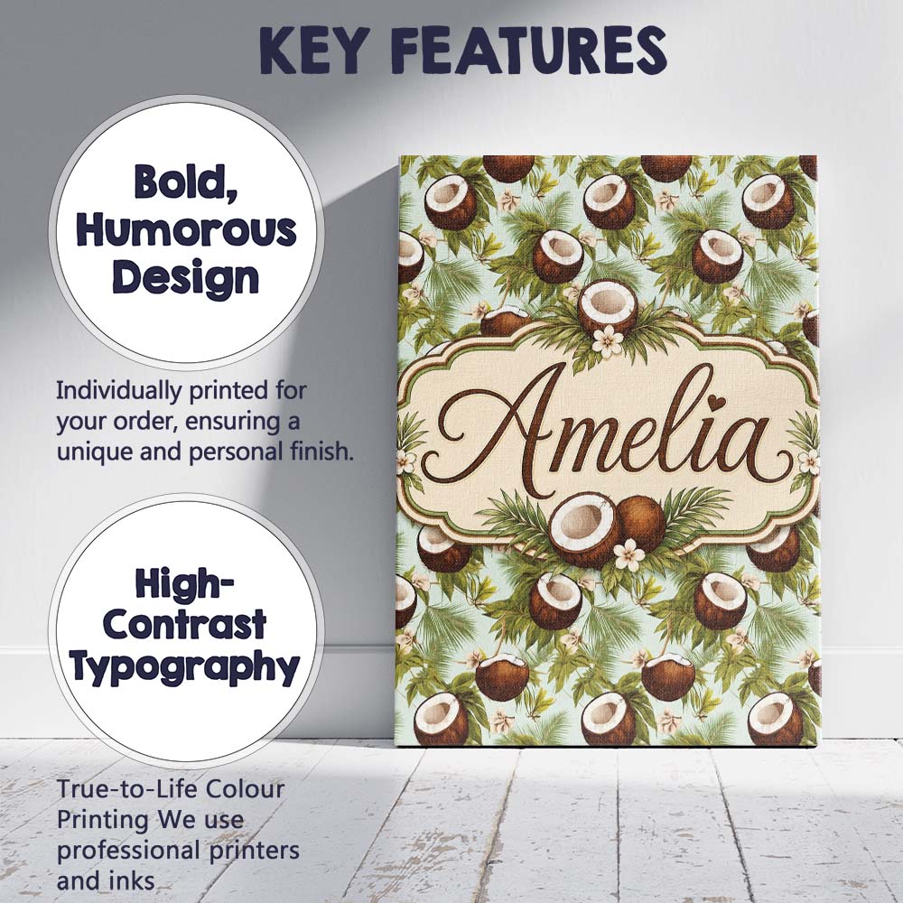 Personalised Name Fresh Coconut and Tropical Custom Bespoke  Contemporary Display Canvas Wall Art Print Decor Picture Ready to Hang
