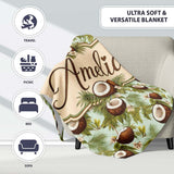 Fresh Coconut and Tropical Leaves with Flowers on Light Green Lovely  Personalised Custom Name Super Soft Fleece Blanket Bed Sofa Throw