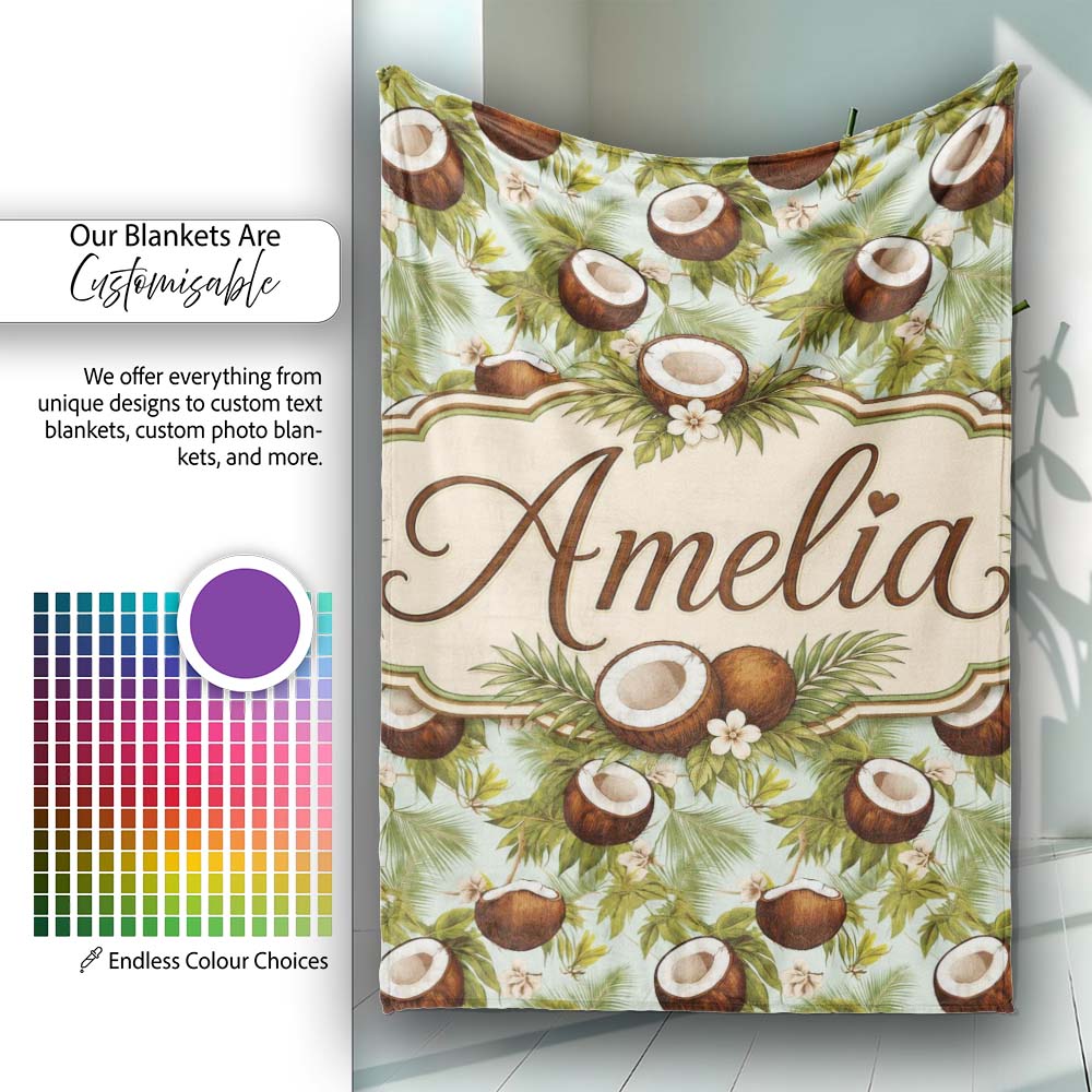 Fresh Coconut and Tropical Leaves with Flowers on Light Green Lovely  Personalised Custom Name Super Soft Fleece Blanket Bed Sofa Throw