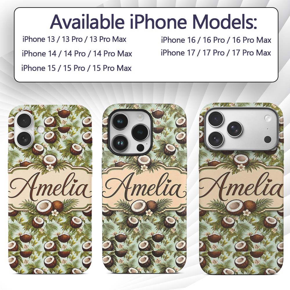 Fresh Coconut and Tropical Leaves with Flowers on Custom Name Protective Phone Case Mobile Cover Durable Everyday Smartphone Shock Resistant