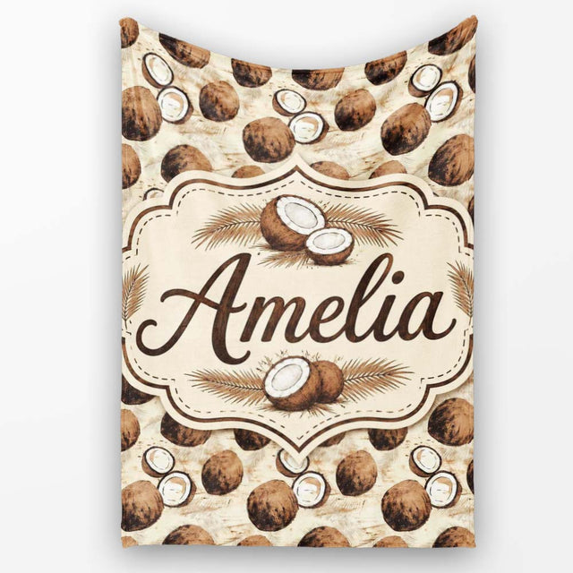 Rustic Coconut Shell and Whole Coconut Vintage Sketch Style Pattern  Personalised Custom Name Super Soft Fleece Blanket Bed Sofa Throw