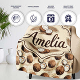 Rustic Coconut Shell and Whole Coconut Vintage Sketch Style Pattern  Personalised Custom Name Super Soft Fleece Blanket Bed Sofa Throw