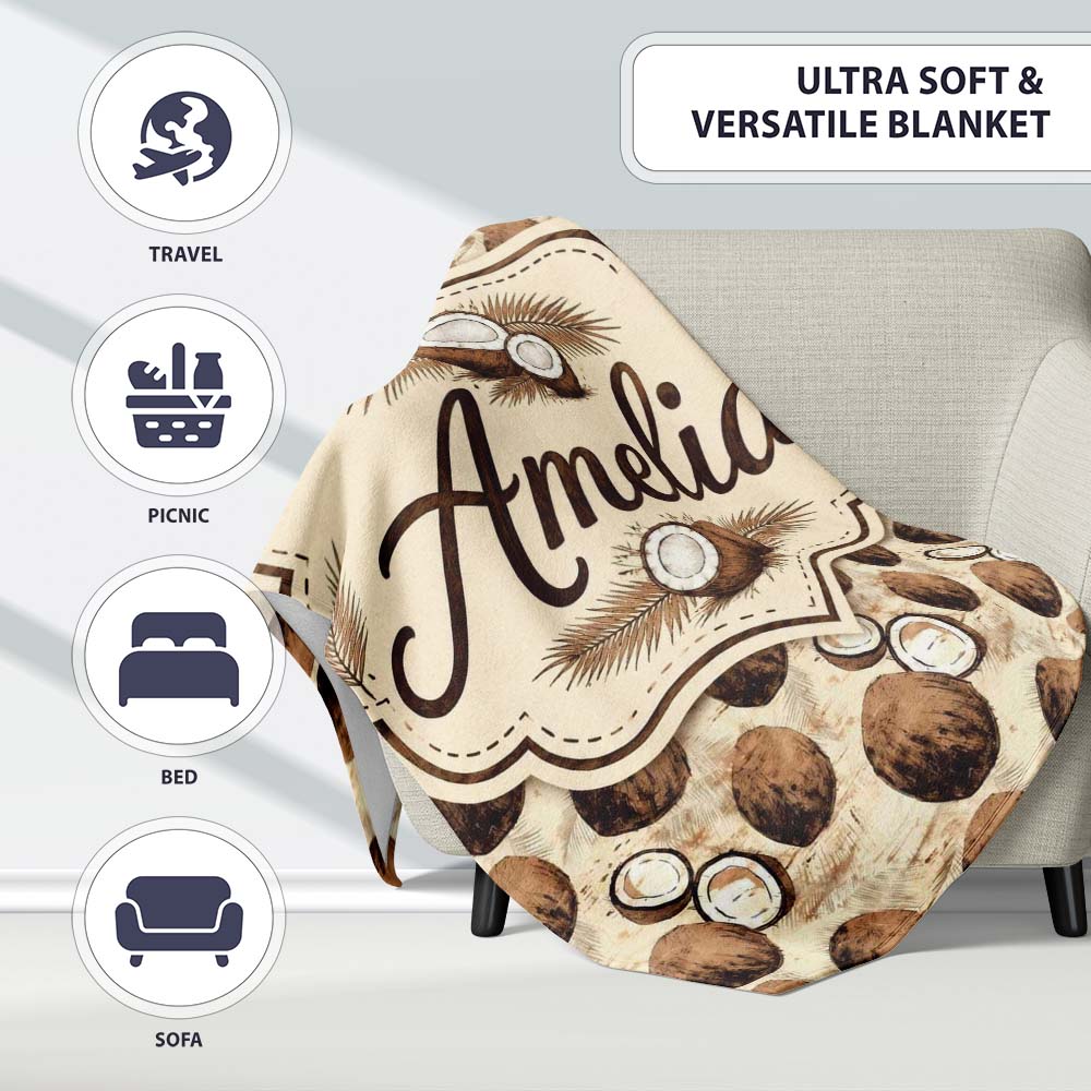 Rustic Coconut Shell and Whole Coconut Vintage Sketch Style Pattern  Personalised Custom Name Super Soft Fleece Blanket Bed Sofa Throw