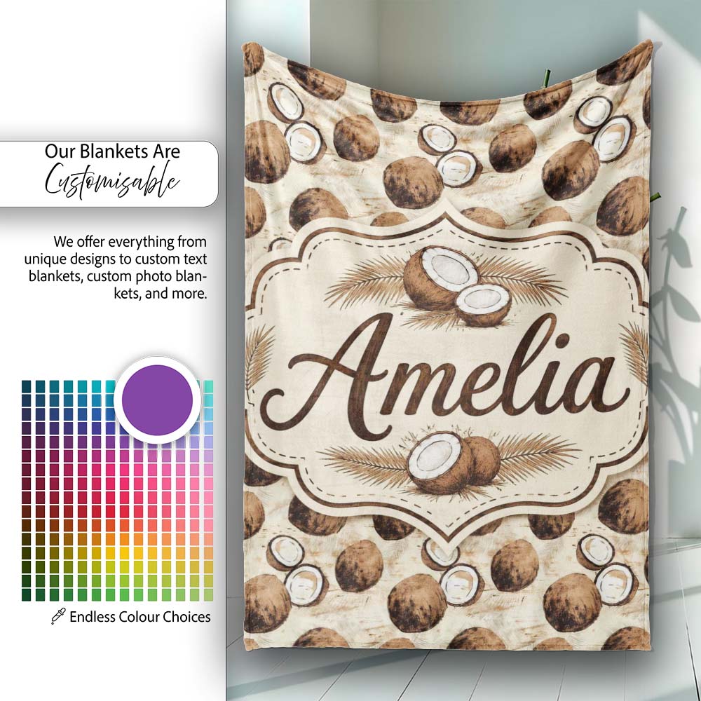 Rustic Coconut Shell and Whole Coconut Vintage Sketch Style Pattern  Personalised Custom Name Super Soft Fleece Blanket Bed Sofa Throw