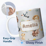 Personalized Custom Name Cute Safari Animals Lion  Toucan and Warthog with Sun and 11oz Ceramic Coffee Tea Mug White Large Handle