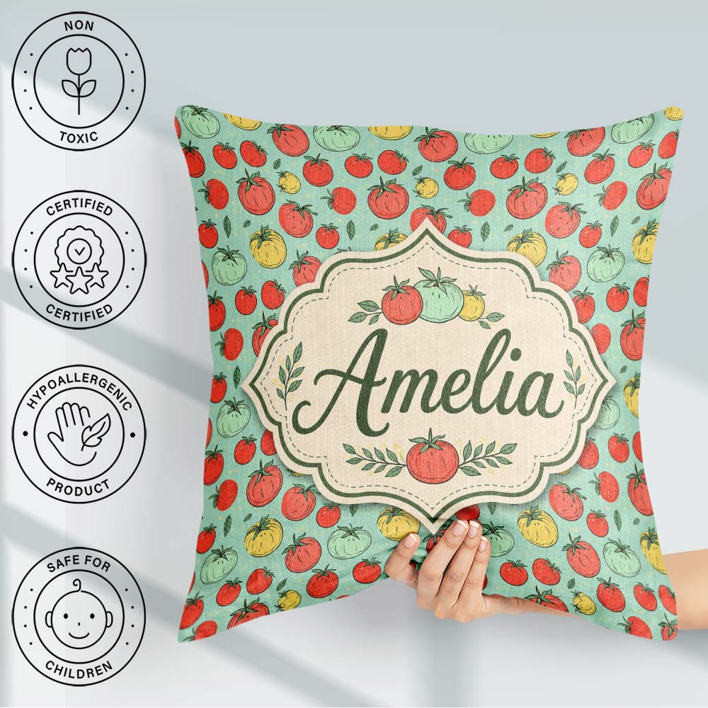 Custom Name Mixed Tomatoes in Red Yellow and Green on Soft Blue Square Filled Cushion Throw Pillow Sofa Bed Home Decor Zip Washable UK Made