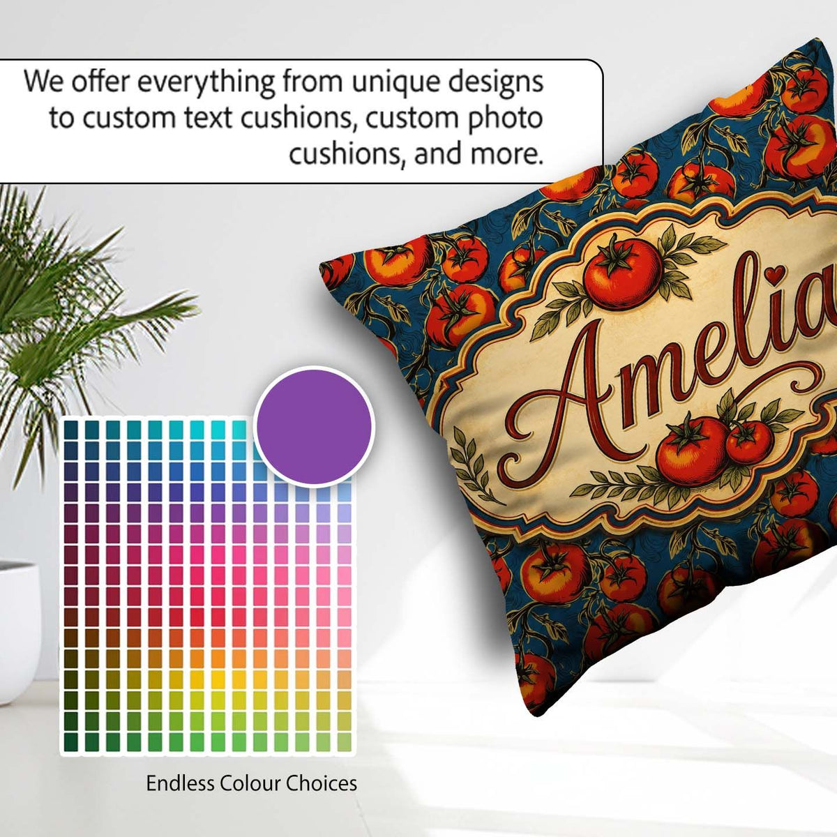 Custom Name Vibrant Red on Vine with Dark Blue Ornate Background Square Filled Cushion Throw Pillow Sofa Bed Home Decor Zip Washable UK Made