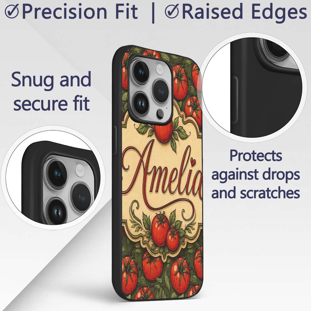 Realistic Red Tomatoes with Leaves on Dark Green Custom Name Protective Phone Case Mobile Cover Durable Everyday Smartphone Shock Resistant