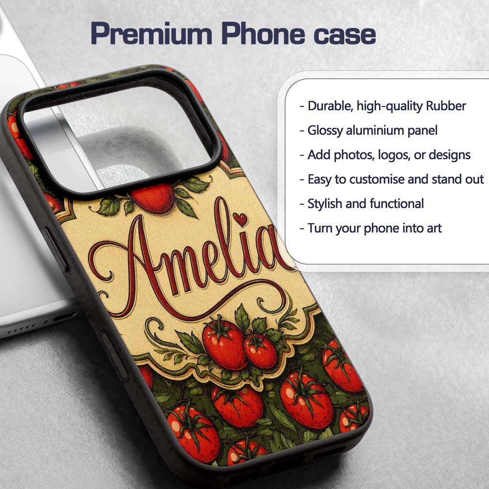 Realistic Red Tomatoes with Leaves on Dark Green Custom Name Protective Phone Case Mobile Cover Durable Everyday Smartphone Shock Resistant