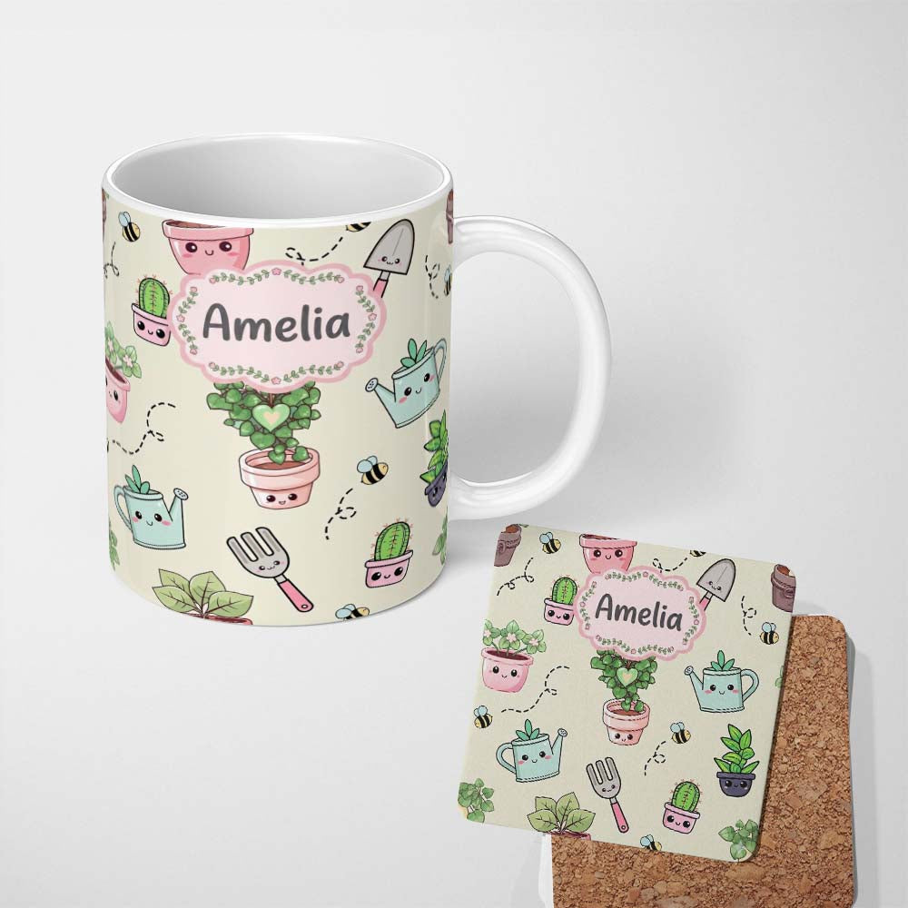 Personalized Custom Name Cute Kawaii Garden Tools Plants Bees Seamless Pattern Cream Lovely 11oz Ceramic Coffee Tea Mug White Large Handle