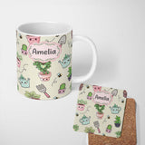 Personalized Custom Name Cute Kawaii Garden Tools Plants Bees Seamless Pattern Cream Lovely 11oz Ceramic Coffee Tea Mug White Large Handle