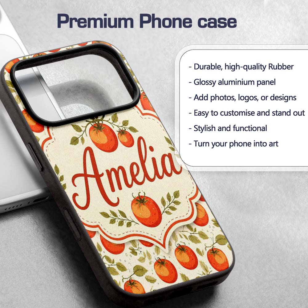 Fresh Tomato Vine Botanical Pattern on Cream Custom Name Protective Phone Case Mobile Cover Durable Everyday Smartphone Shock Resistant