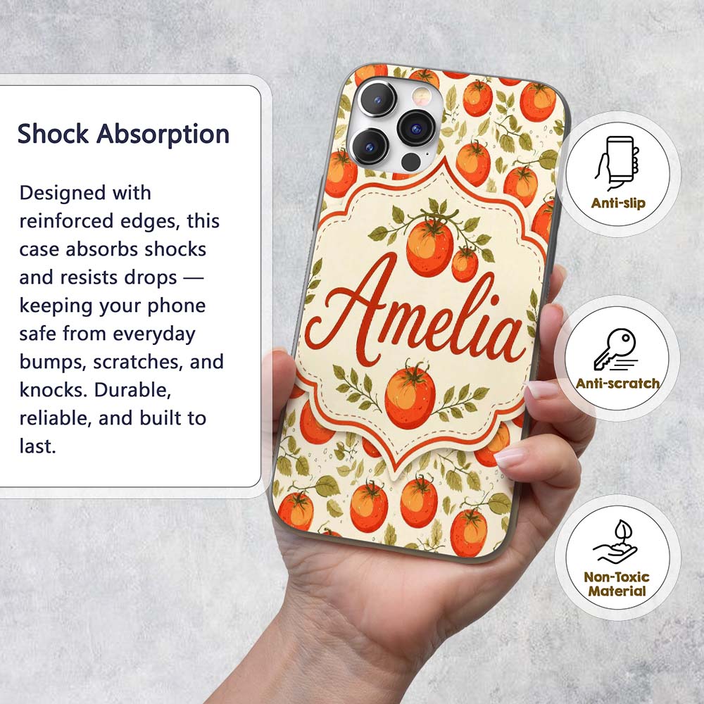 Fresh Tomato Vine Botanical Pattern on Cream Custom Name Protective Phone Case Mobile Cover Durable Everyday Smartphone Shock Resistant