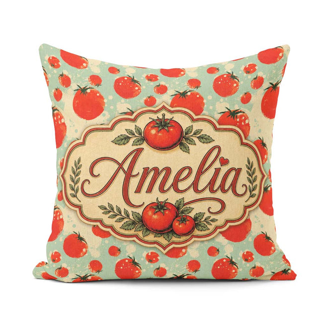 Custom Name Playful Red Tomatoes Splash on Light Blue Background Square Filled Cushion Throw Pillow Sofa Bed Home Decor Zip Washable UK Made