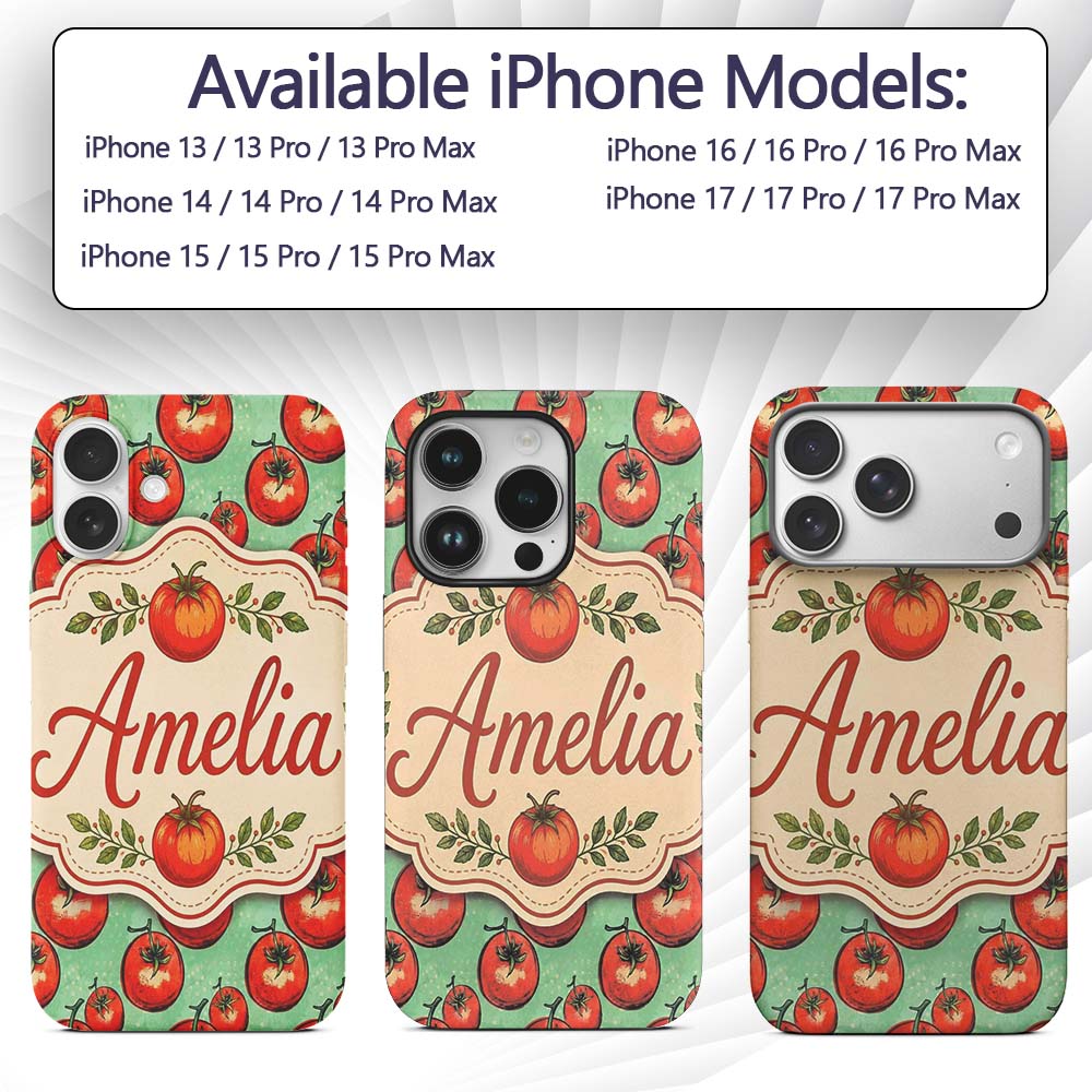 Hand Drawn Red Tomatoes on Soft Mint Background Custom Name Protective Phone Case Mobile Cover Durable Everyday Smartphone Shock Resistant