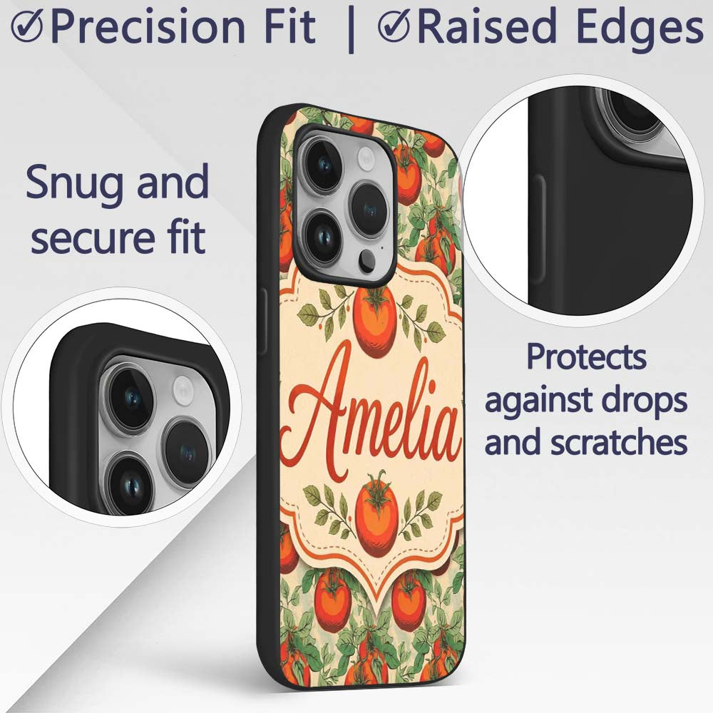 Vintage Red Tomatoes on Vine with Green Leaves Custom Name Protective Phone Case Mobile Cover Durable Everyday Smartphone Shock Resistant