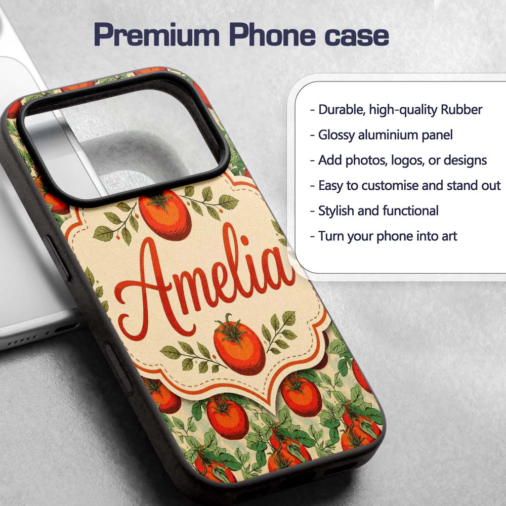 Vintage Red Tomatoes on Vine with Green Leaves Custom Name Protective Phone Case Mobile Cover Durable Everyday Smartphone Shock Resistant