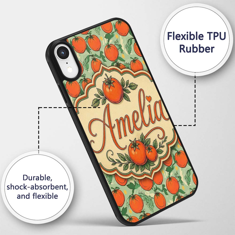 Cute Small Tomatoes and Leaves on Soft Green Custom Name Protective Phone Case Mobile Cover Durable Everyday Smartphone Shock Resistant