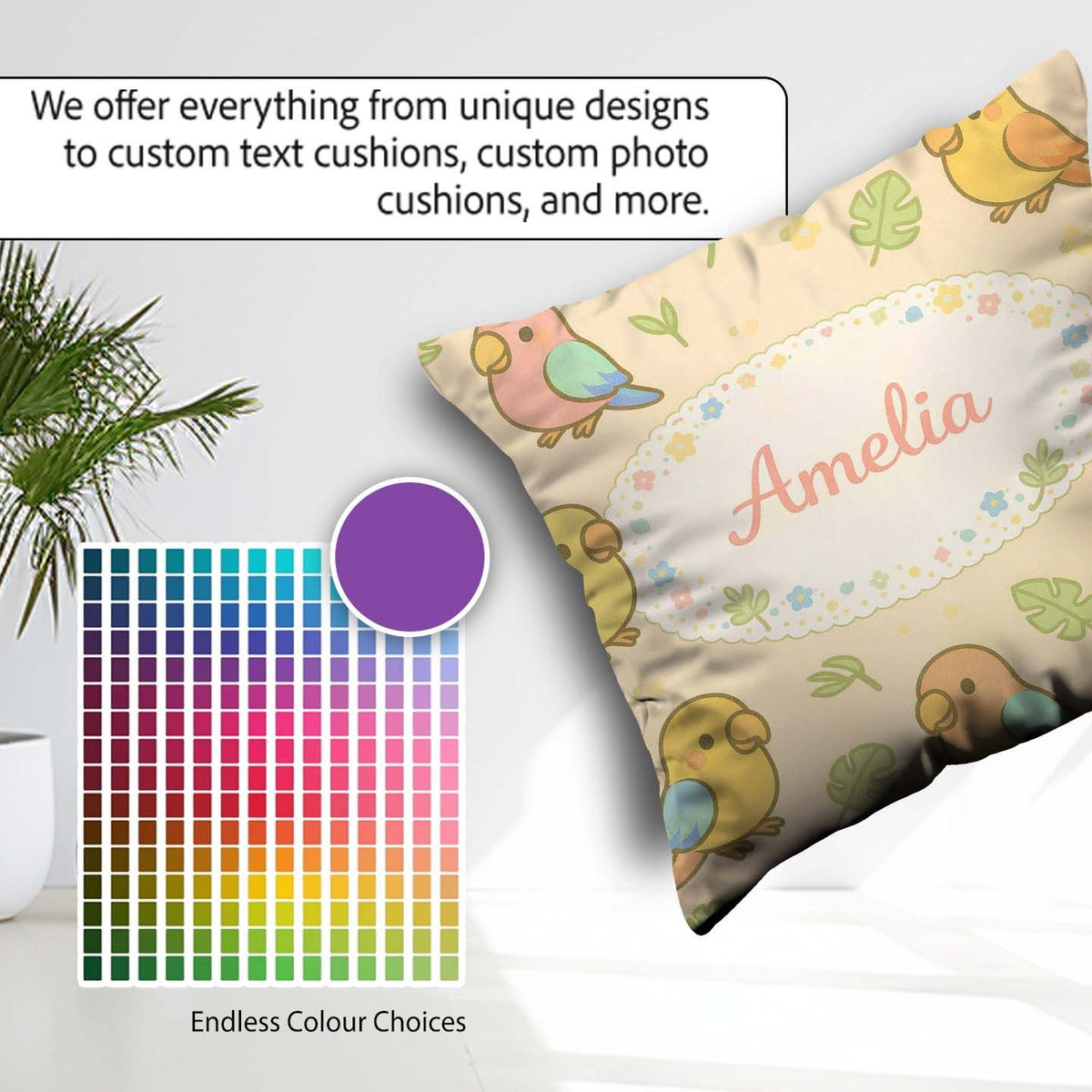 Custom Name Cute Tropical Parrot Cartoon Animal Pattern Decor Square Filled Cushion Throw Pillow Sofa Bed Home Decor Zip Washable UK Made