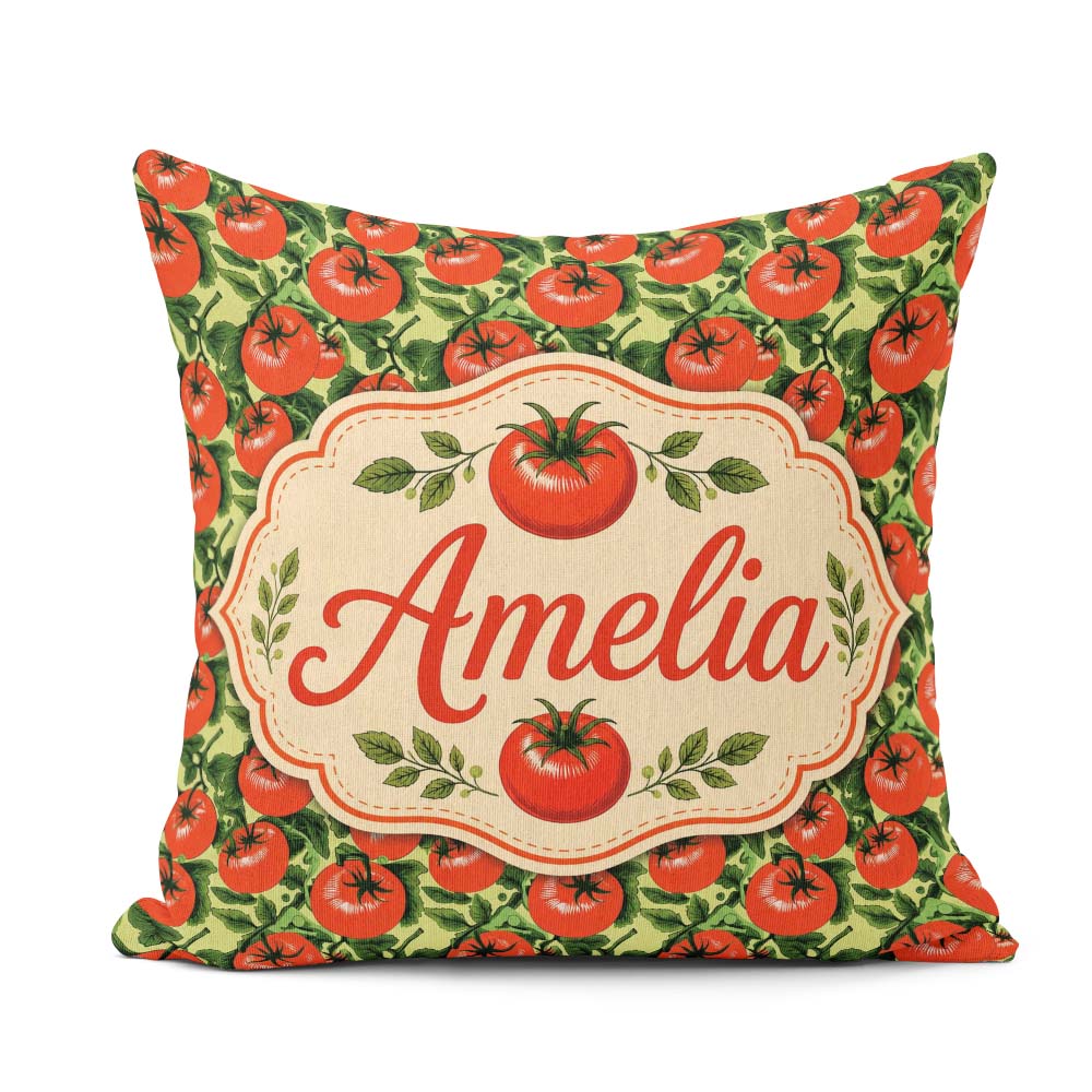 Custom Name Glossy Red Tomato Clusters with Deep Leaves Seamless Square Filled Cushion Throw Pillow Sofa Bed Home Decor Zip Washable UK Made