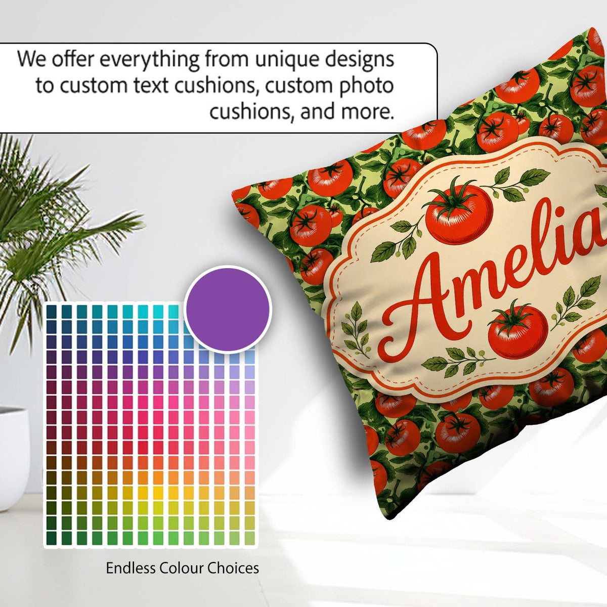 Custom Name Glossy Red Tomato Clusters with Deep Leaves Seamless Square Filled Cushion Throw Pillow Sofa Bed Home Decor Zip Washable UK Made