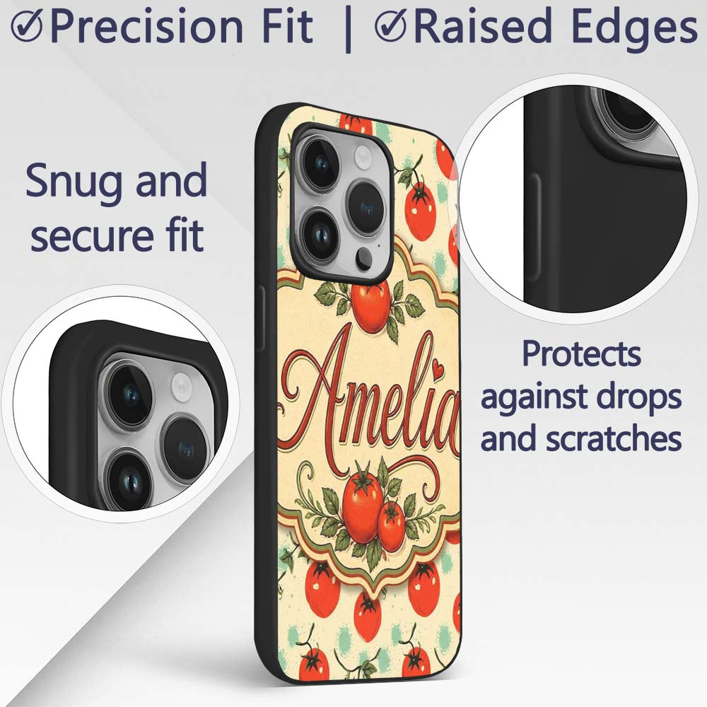 Playful Cherry Tomatoes with Mint Printed Design Custom Name Protective Phone Case Mobile Cover Durable Everyday Smartphone Shock Resistant