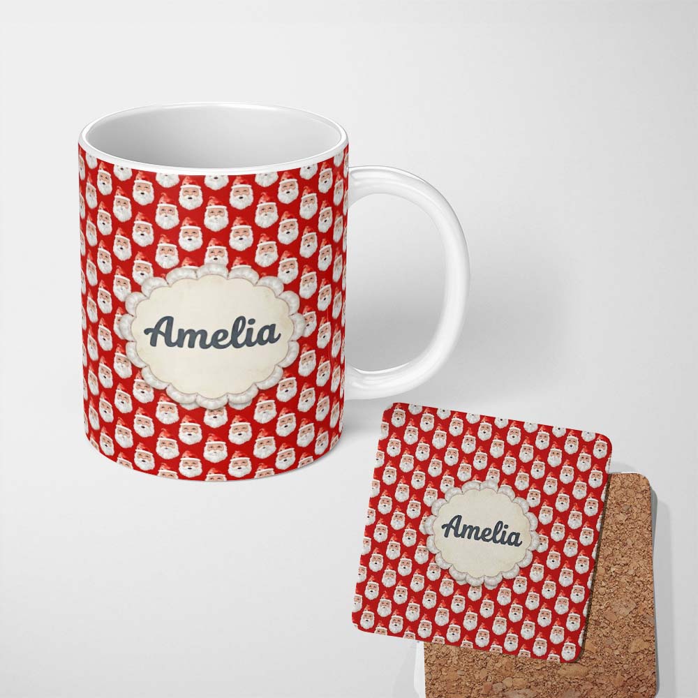 Personalized Custom Name Christmas Santa Face Seamless Pattern Red Festive Holiday Design 11oz Ceramic Coffee Tea Mug White Large Handle