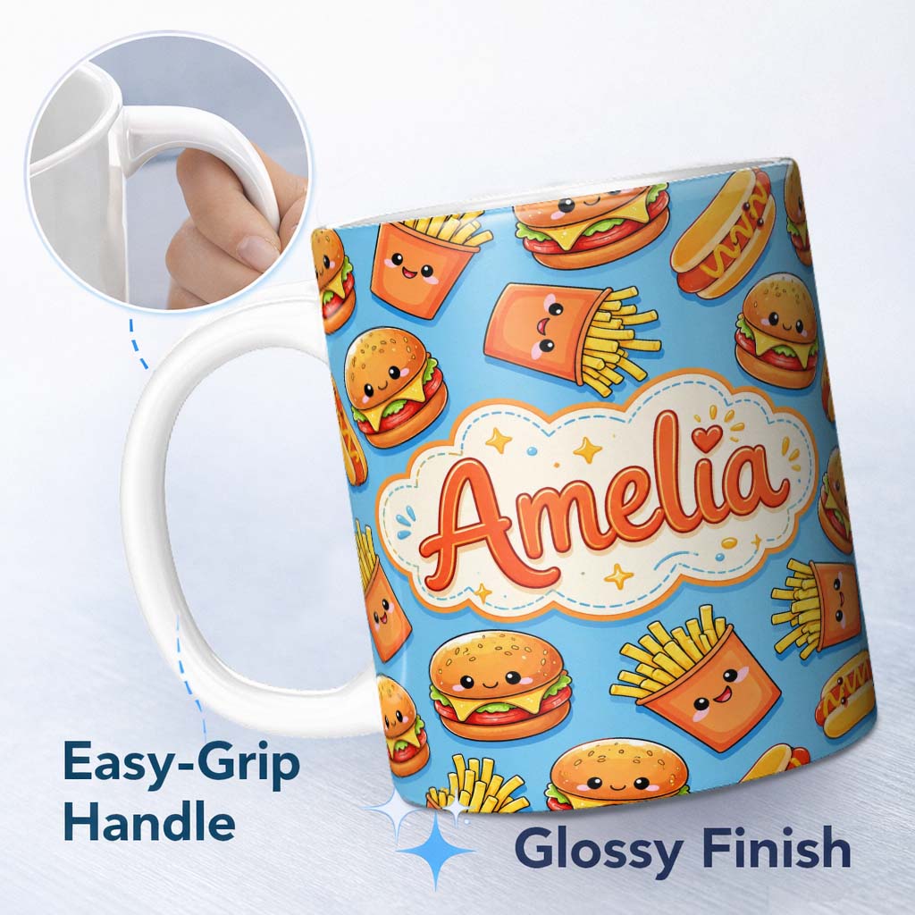Personalized Custom Name Cute Kawaii Burger Fries Hotdog Fast Food Blue Background Seamless 11oz Ceramic Coffee Tea Mug White Large Handle
