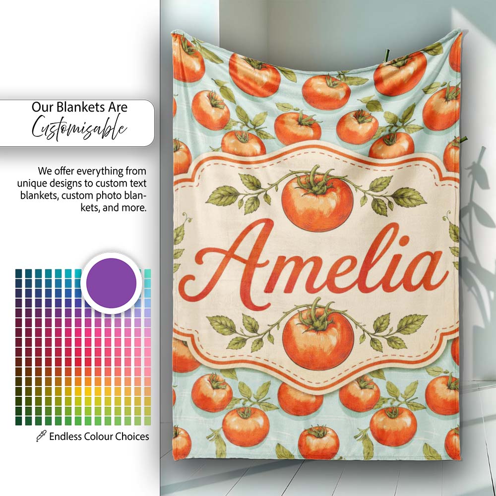 Soft Orange Tomatoes on Light Blue Textured Background Seamless  Personalised Custom Name Super Soft Fleece Blanket Bed Sofa Throw