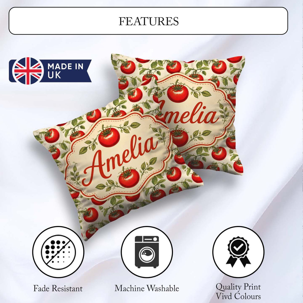 Custom Name Classic Red Tomatoes with Leaves on Neutral Seamless Square Filled Cushion Throw Pillow Sofa Bed Home Decor Zip Washable UK Made
