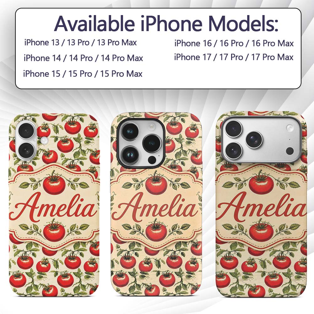Classic Red Tomatoes with Leaves Printed Design Custom Name Protective Phone Case Mobile Cover Durable Everyday Smartphone Shock Resistant