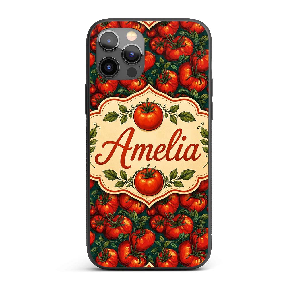 Rich Red Tomatoes on Dark Teal Background Vintage Custom Name Protective Phone Case Mobile Cover Durable Everyday Smartphone Shock Resistant