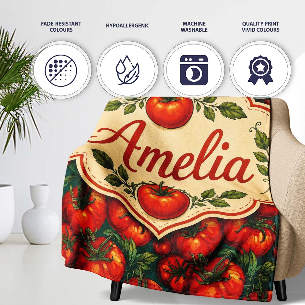 Rich Red Tomatoes on Dark Teal Background Vintage Style Seamless  Personalised Custom Name Super Soft Fleece Blanket Bed Sofa Throw