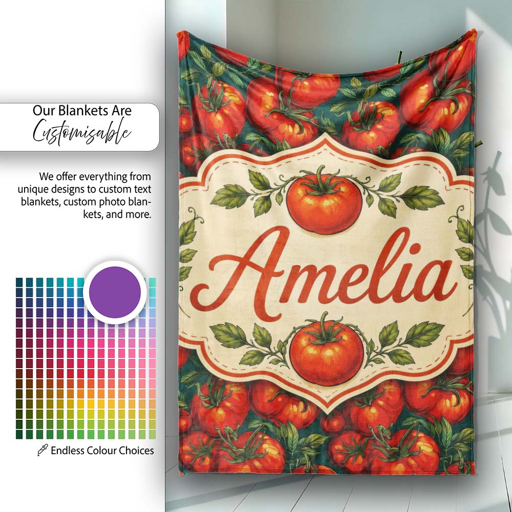 Rich Red Tomatoes on Dark Teal Background Vintage Style Seamless  Personalised Custom Name Super Soft Fleece Blanket Bed Sofa Throw