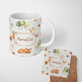 Personalized Custom Name Woodland Fox with Trees Leaves Mushrooms Soft Grey Seamless Pattern 11oz Ceramic Coffee Tea Mug White Large Handle