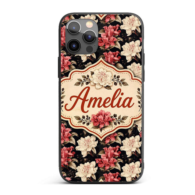 Cream and Coral Floral Blooms on Dark Background Custom Name Protective Phone Case Mobile Cover Durable Everyday Smartphone Shock Resistant
