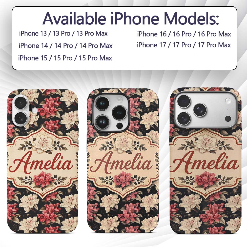 Cream and Coral Floral Blooms on Dark Background Custom Name Protective Phone Case Mobile Cover Durable Everyday Smartphone Shock Resistant