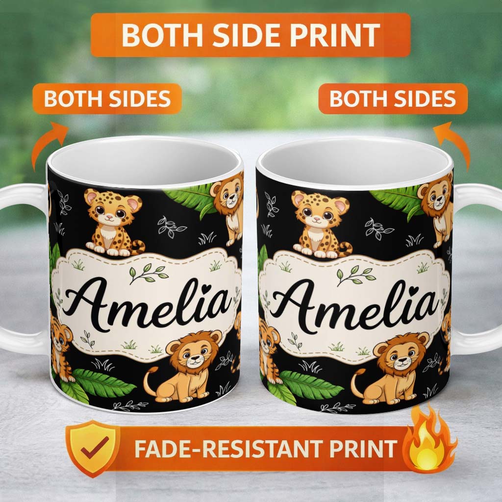 Personalized Custom Name Cute Jungle Animals Lion Tiger Leopard Tropical Leaves Black Lovely 11oz Ceramic Coffee Tea Mug White Large Handle