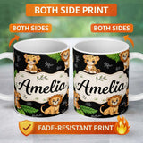 Personalized Custom Name Cute Jungle Animals Lion Tiger Leopard Tropical Leaves Black Lovely 11oz Ceramic Coffee Tea Mug White Large Handle