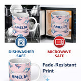 Personalized Custom Name Cute Dolphin Stingray Starfish Cartoon Sea Life Pattern Pink Lovely 11oz Ceramic Coffee Tea Mug White Large Handle