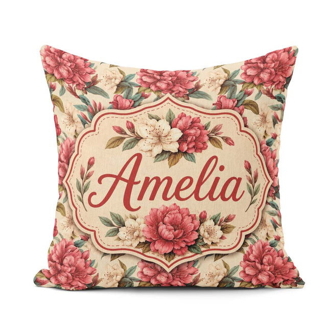 Custom Name Red and Cream Botanical Flower Garden Pattern Lovely Square Filled Cushion Throw Pillow Sofa Bed Home Decor Zip Washable UK Made