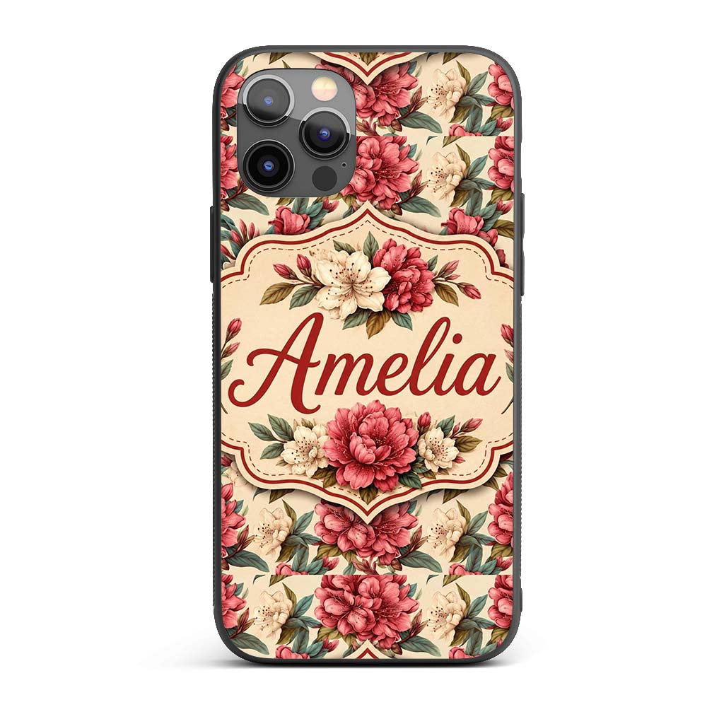 Red and Cream Botanical Flower Garden Seamless Custom Name Protective Phone Case Mobile Cover Durable Everyday Smartphone Shock Resistant