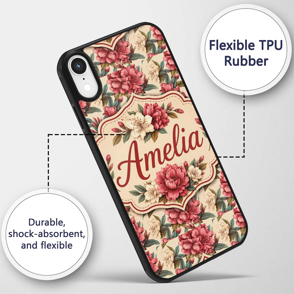 Red and Cream Botanical Flower Garden Seamless Custom Name Protective Phone Case Mobile Cover Durable Everyday Smartphone Shock Resistant