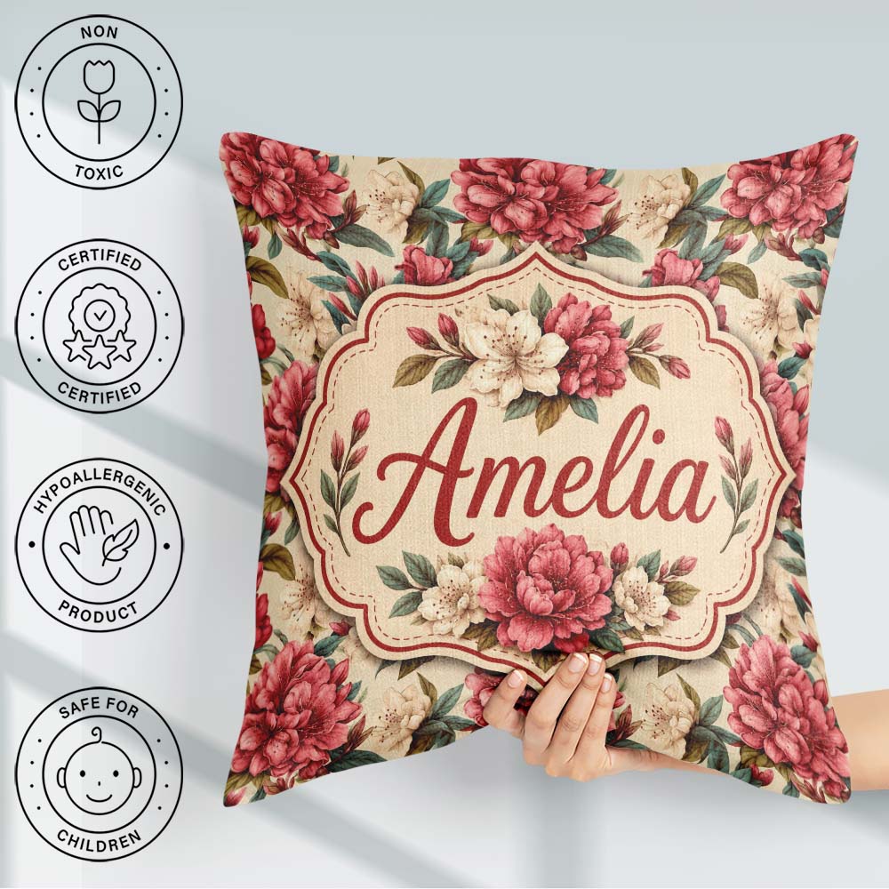 Custom Name Red and Cream Botanical Flower Garden Pattern Lovely Square Filled Cushion Throw Pillow Sofa Bed Home Decor Zip Washable UK Made
