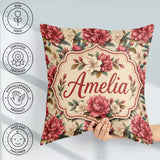 Custom Name Red and Cream Botanical Flower Garden Pattern Lovely Square Filled Cushion Throw Pillow Sofa Bed Home Decor Zip Washable UK Made