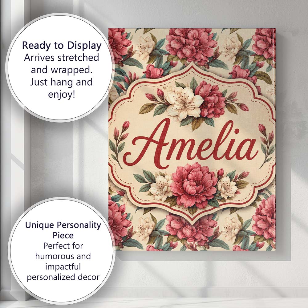 Personalised Name Red and Cream Botanical Custom  Unique Gift Idea Elegant Feature Canvas Wall Art Print Decor Picture Ready to Hang