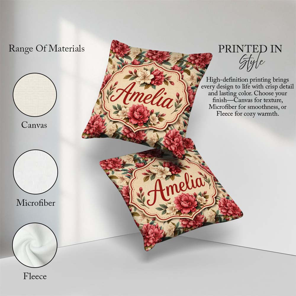 Custom Name Red and Cream Botanical Flower Garden Pattern Lovely Square Filled Cushion Throw Pillow Sofa Bed Home Decor Zip Washable UK Made