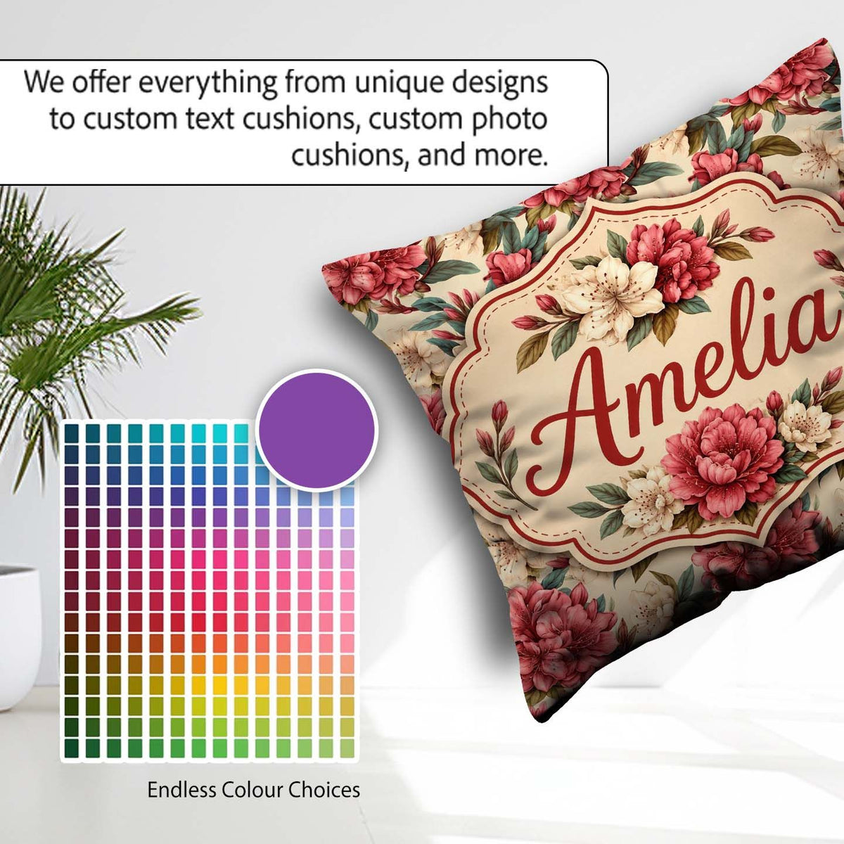 Custom Name Red and Cream Botanical Flower Garden Pattern Lovely Square Filled Cushion Throw Pillow Sofa Bed Home Decor Zip Washable UK Made