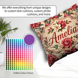 Custom Name Red and Cream Botanical Flower Garden Pattern Lovely Square Filled Cushion Throw Pillow Sofa Bed Home Decor Zip Washable UK Made